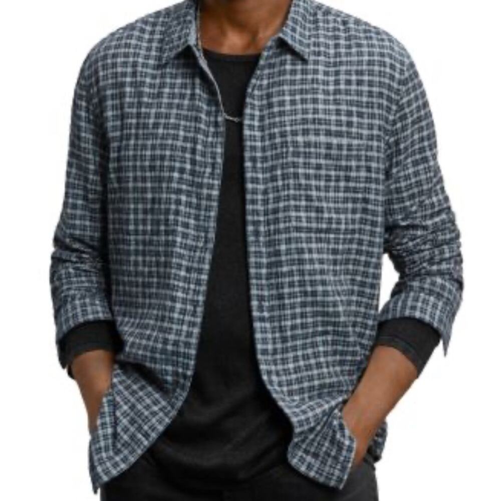 John Varvatos Men’s Neil Cotton Reversible Print Shirt, Blue/Gray, Casual, S